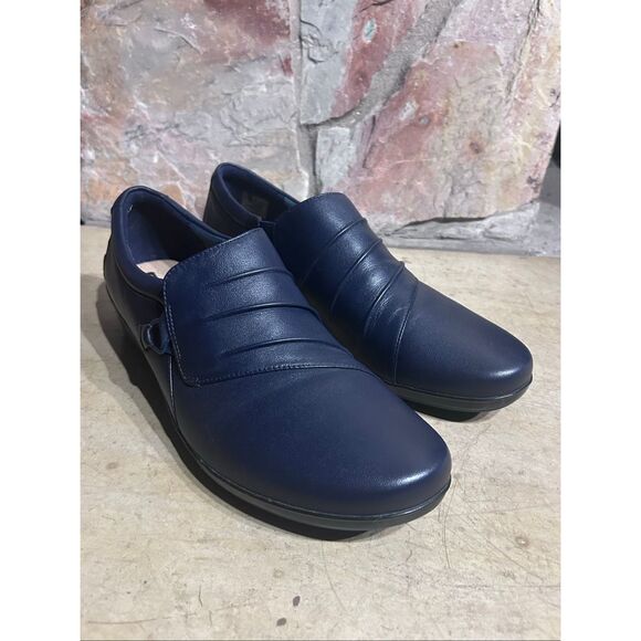 Clarks Collection Navy Leather Ruched Comfort Slip-On Loafers Sz 12M - Picture 1 of 10